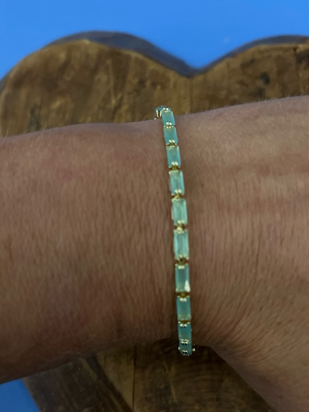 Gold Bracelet with Light Aqua Stone Inlays - Women Jewelry